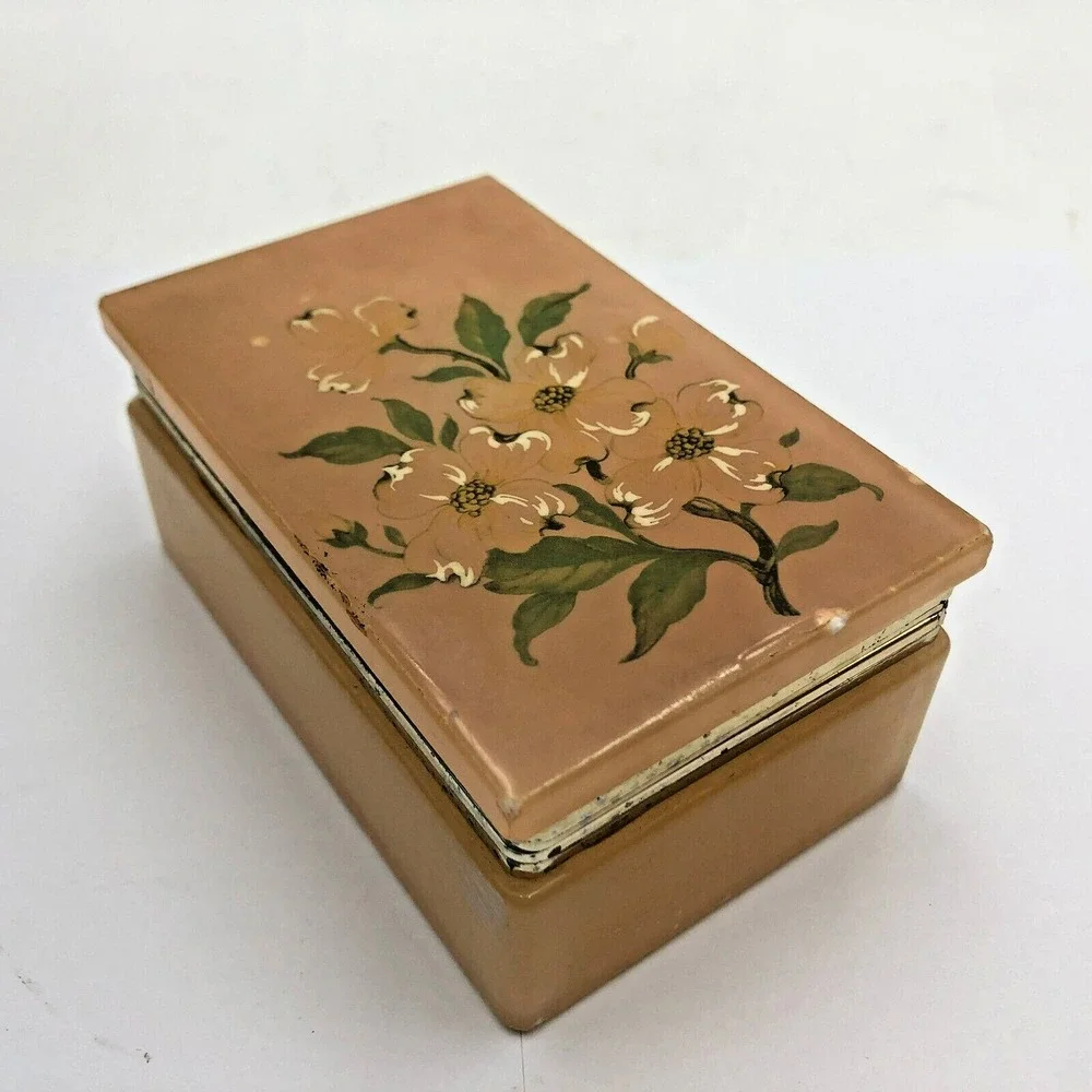 LEFTON Vintage Genuine Pink Alabaster Jewelry Trinket Box Floral Italy IT-352